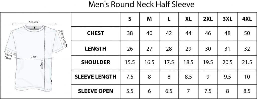 Men's round neck half sleeve size chart