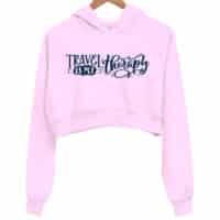 travel is my therapy pink crop hoodie